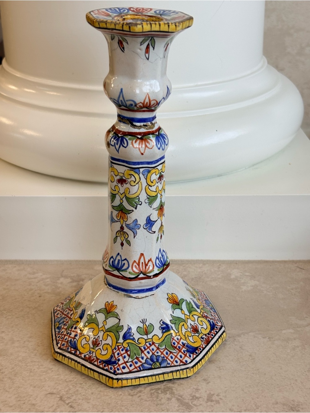 Antique French Rouen Faience Earthenware Candlestick